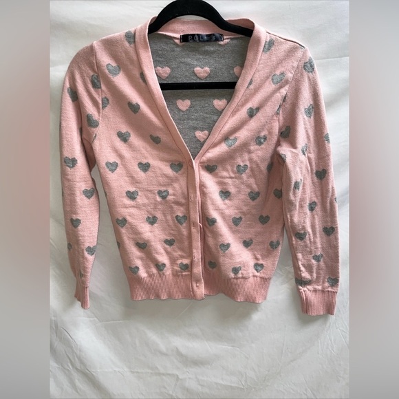 POL Women's Size S Pink With Gray Hearts V-neck Cardigan Buttons Down Sweater - Picture 1 of 4